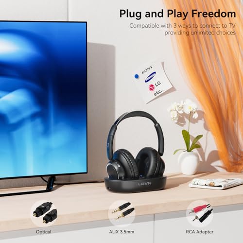 LEVN Wireless Headphones for TV Watching, TV Headphones Wireless for Seniors with Transmitter Charging Base, Hearing-impaired, No Audio Delay Blutooth 5.2, Plug and Play, Gifts for Elderly - Image 4
