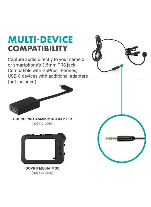 ACM400 Flexible Gooseneck Omnidirectional Microphone for Motovlogging Moto Vlog Action Cam Helmet Mic - Clip on Microphone for Motorcycle Vloggers - Compatible with GoPro Media Mod