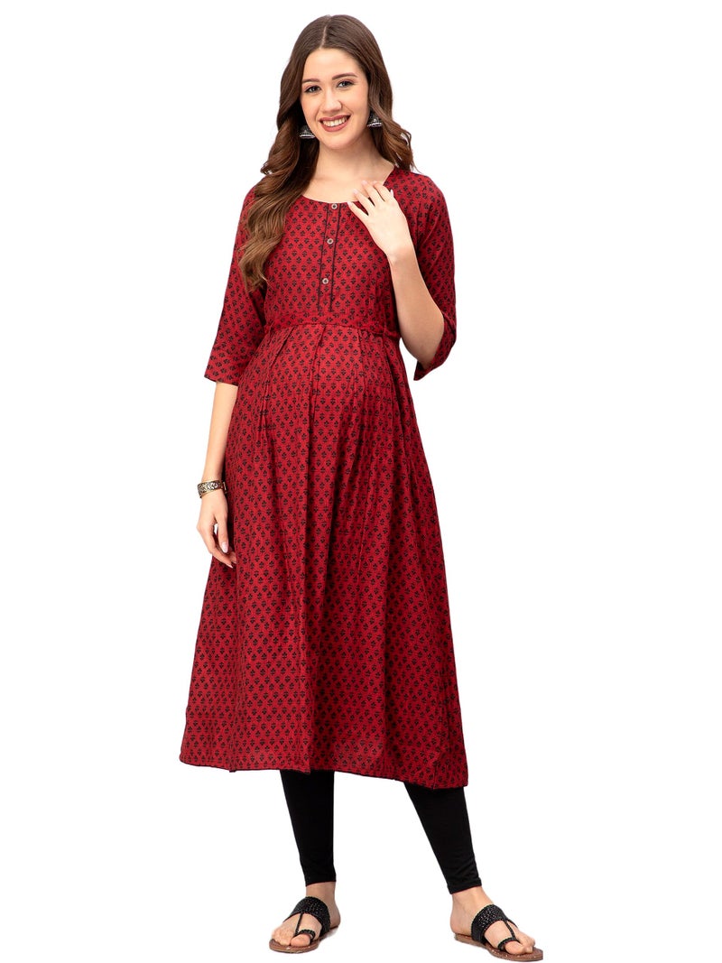 CEE 18 Women's Cotton Rayon A-Line Maternity Dress Feeding Kurti with Zippers for Easy Breastfeeding (10003_Red_Small) - Image 1