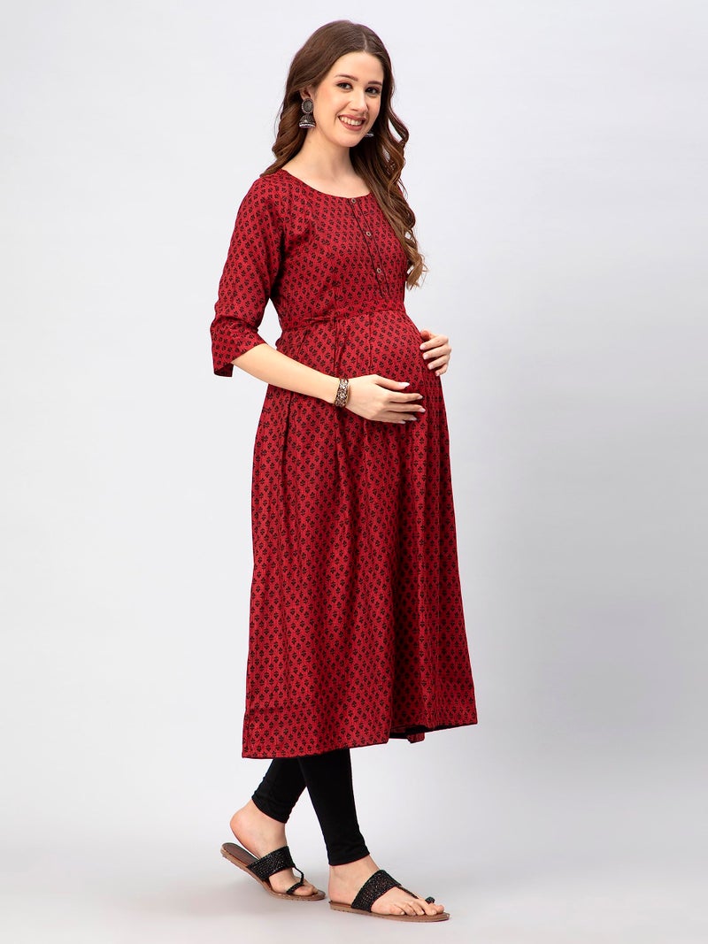 CEE 18 Women's Cotton Rayon A-Line Maternity Dress Feeding Kurti with Zippers for Easy Breastfeeding (10003_Red_Small) - Image 3