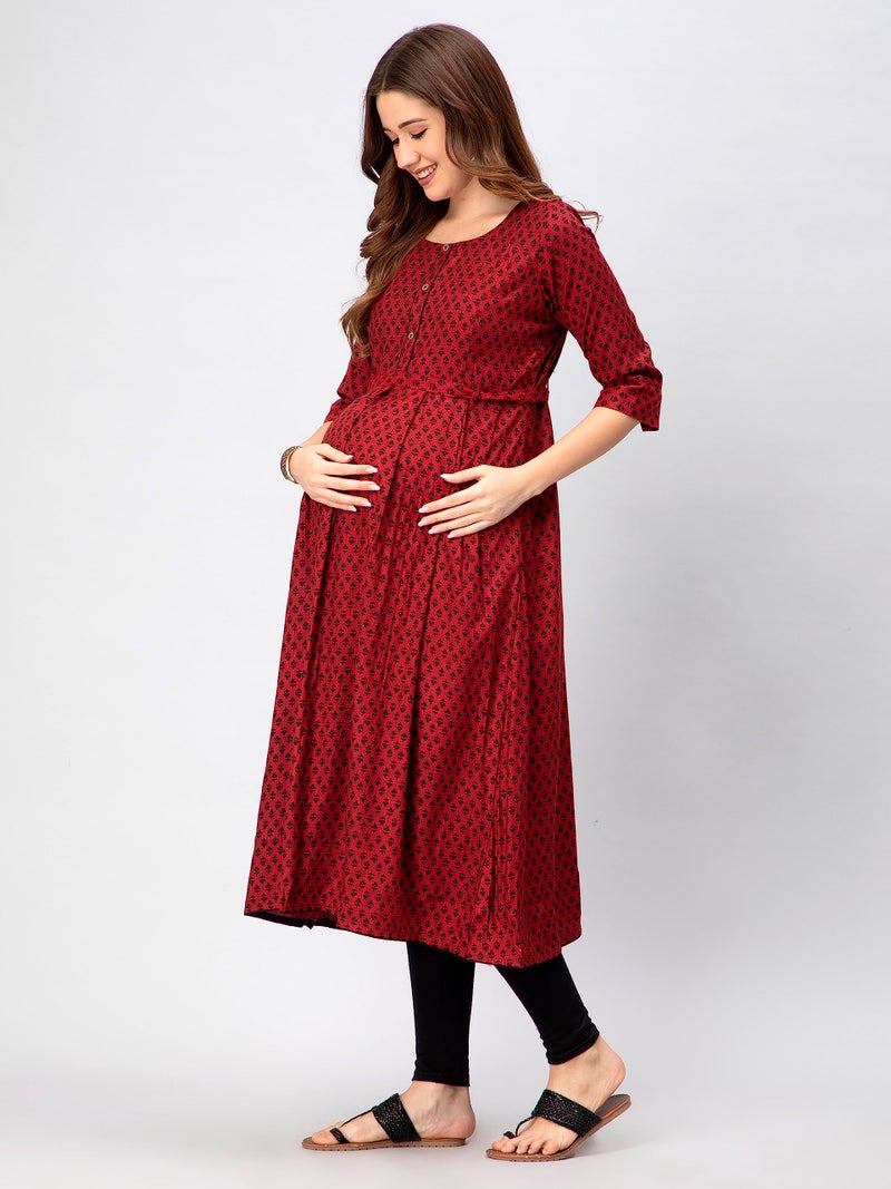 CEE 18 Women's Cotton Rayon A-Line Maternity Dress Feeding Kurti with Zippers for Easy Breastfeeding (10003_Red_Small) - Image 2