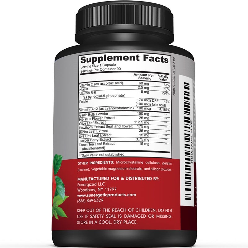 Sunergetic مكمل دعم ضغط الدم الفاخر لصحة القلب والأوعية الدموية مع الثوم والقرنفل والهيبسكس 90 كبسولة - Image 2