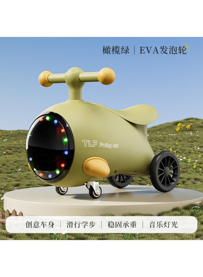 Kids Ride On Toy Scooter With Music & Lights, Olive Green Baby Sliding Car With Steering Handle, Wide Seat, 4-Wheel Stable Design, Plastic Wheels Ride On Car For Toddlers Boys Girls