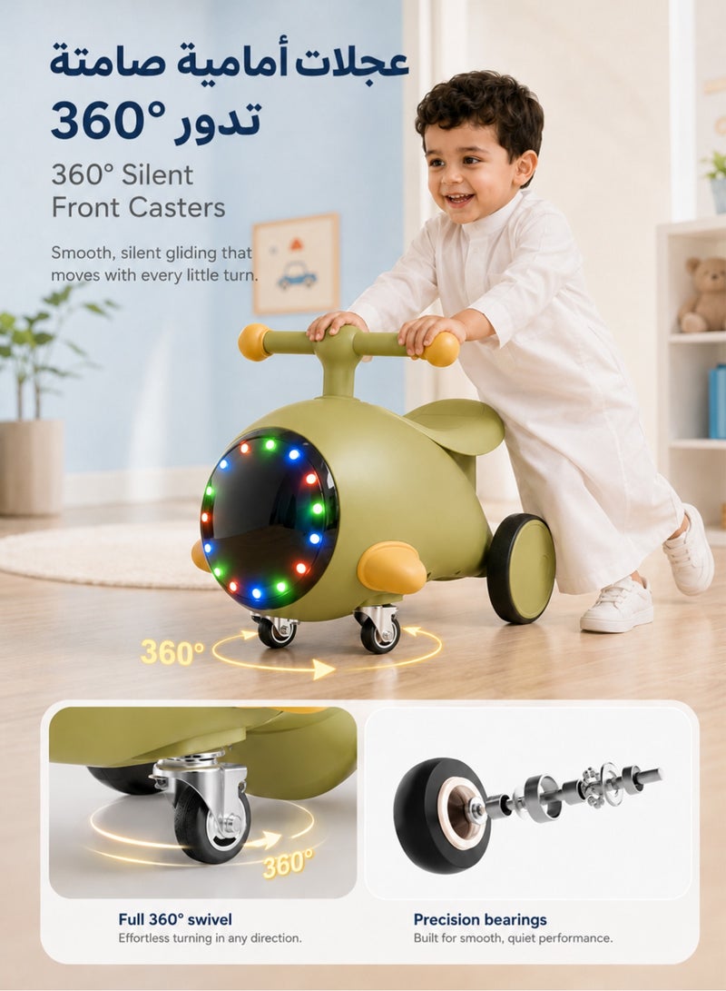 Favarey Kids Ride On Car for Toddlers 1-3 Years, Baby Push Car with Music & Colorful Lights, Foot to Floor Toddler Car, 4 Wheel Balance Ride On Toy for Boys & Girls, Olive Green - Image 3