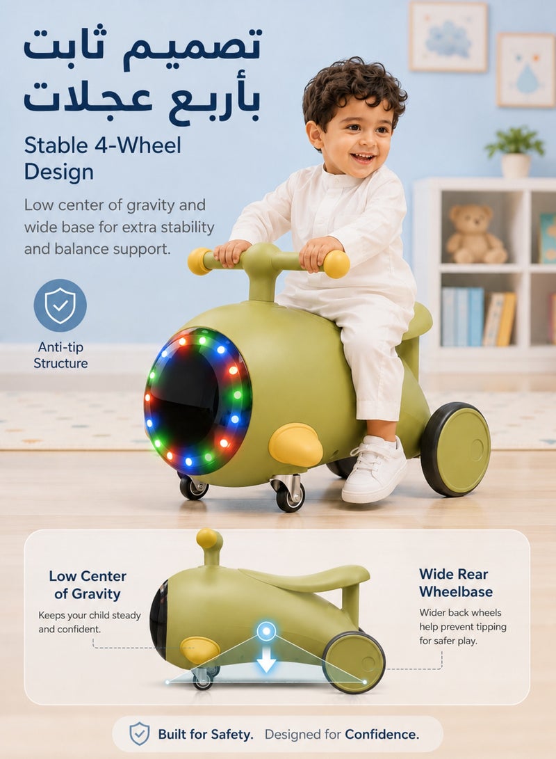 Favarey Kids Ride On Car for Toddlers 1-3 Years, Baby Push Car with Music & Colorful Lights, Foot to Floor Toddler Car, 4 Wheel Balance Ride On Toy for Boys & Girls, Olive Green - Image 2