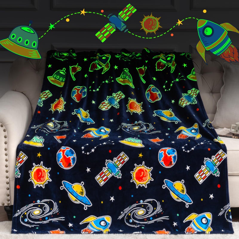 Boulou Glow in The Dark Galaxy Space Blanket Gifts for Boys Girls, Star Planet and Solar System Decor for Adult Kids, Birthday Spaceship Toys Gift for Age 3 4 5 6 7 8 9 10 Year Old for Christmas - Image 1