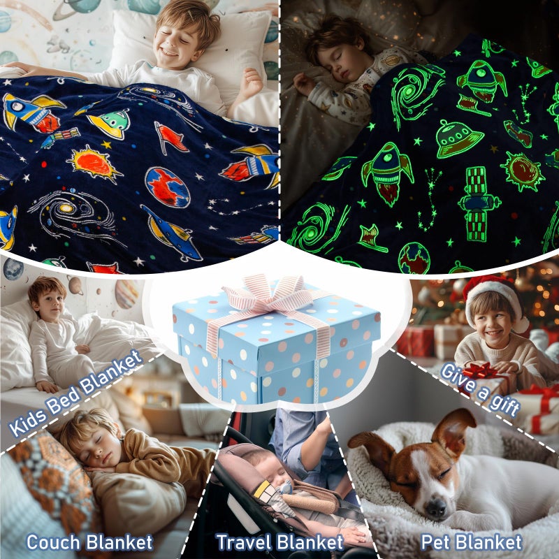 Boulou Glow in The Dark Galaxy Space Blanket Gifts for Boys Girls, Star Planet and Solar System Decor for Adult Kids, Birthday Spaceship Toys Gift for Age 3 4 5 6 7 8 9 10 Year Old for Christmas - Image 3