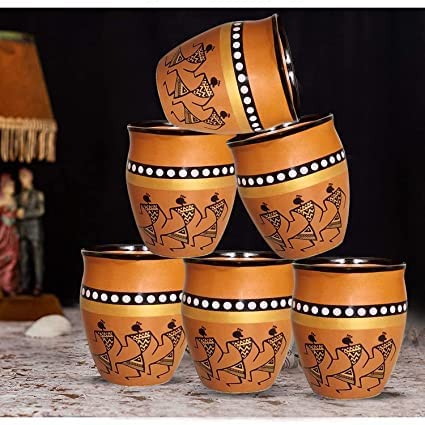 RAINCART Traditional Warli Painting Terracotta Kullad Tea Cups, Kulhad chai Cups, Set of 6 Pieces,. 220 ml, Assorted Design - Image 1