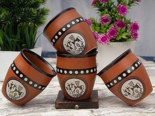 RAINCART Traditional Warli Painting Terracotta Kullad Tea Cups, Kulhad chai Cups, Set of 6 Pieces,. 220 ml, Assorted Design - Image 4