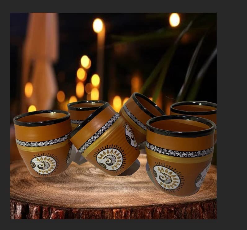 RAINCART Traditional Warli Painting Terracotta Kullad Tea Cups, Kulhad chai Cups, Set of 6 Pieces,. 220 ml, Assorted Design - Image 2