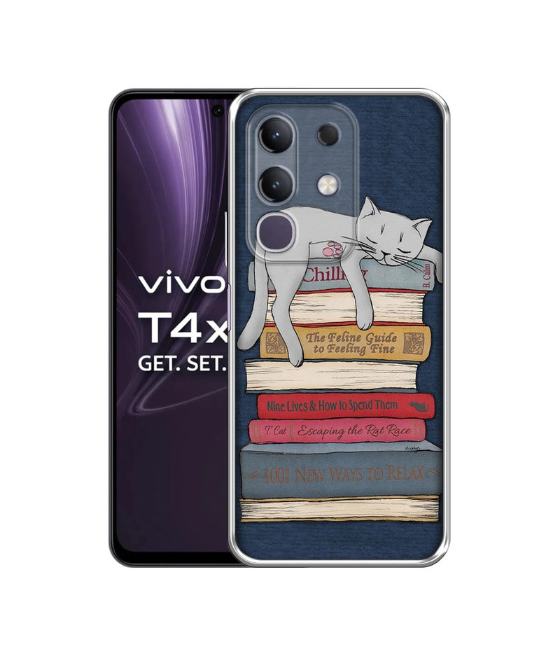 Casotec Cat Sleeping On The Books Design Printed Silicon Soft TPU Back Case Cover for Vivo T4x 5G / Y29 4G / Y31 Pro 5G / iQOO Z10x 5G - Image 1