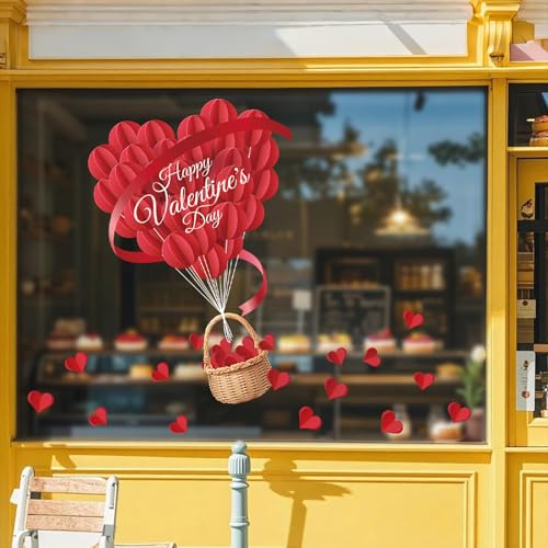 GRITOSE 1 Sheet Valentines Window Cling Valentine's Day Windows Glass Decoration 3D Red Love Heart Window Stickers Valentines Window Decals Double-Sided Stickers for Wedding Anniversary Party Store Glass - Image 2