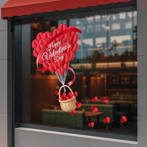 GRITOSE 1 Sheet Valentines Window Cling Valentine's Day Windows Glass Decoration 3D Red Love Heart Window Stickers Valentines Window Decals Double-Sided Stickers for Wedding Anniversary Party Store Glass - Image 1