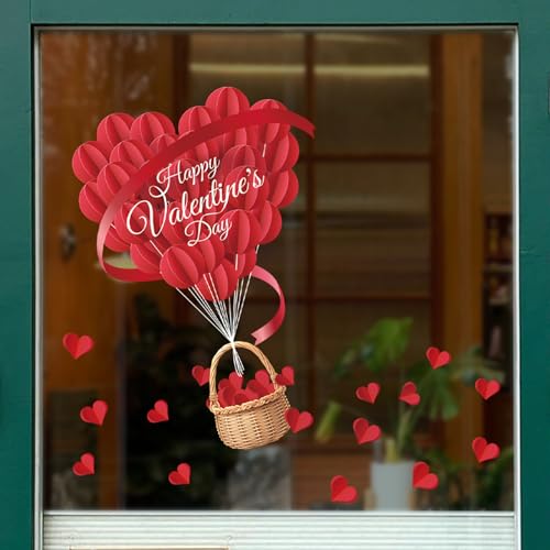 GRITOSE 1 Sheet Valentines Window Cling Valentine's Day Windows Glass Decoration 3D Red Love Heart Window Stickers Valentines Window Decals Double-Sided Stickers for Wedding Anniversary Party Store Glass - Image 3