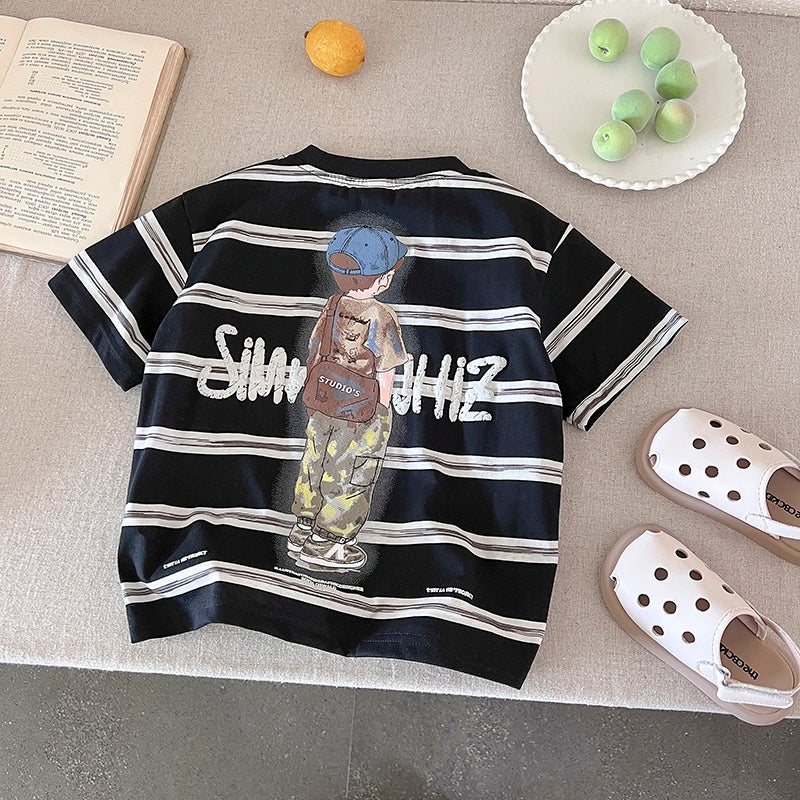 Boys Short-Sleeved T-Shirt Summer Wear Handsome Baby Stripesd Half-Sleeved T-Shirt Kidsren'S Summer Cartoon Top 3 - Image 1