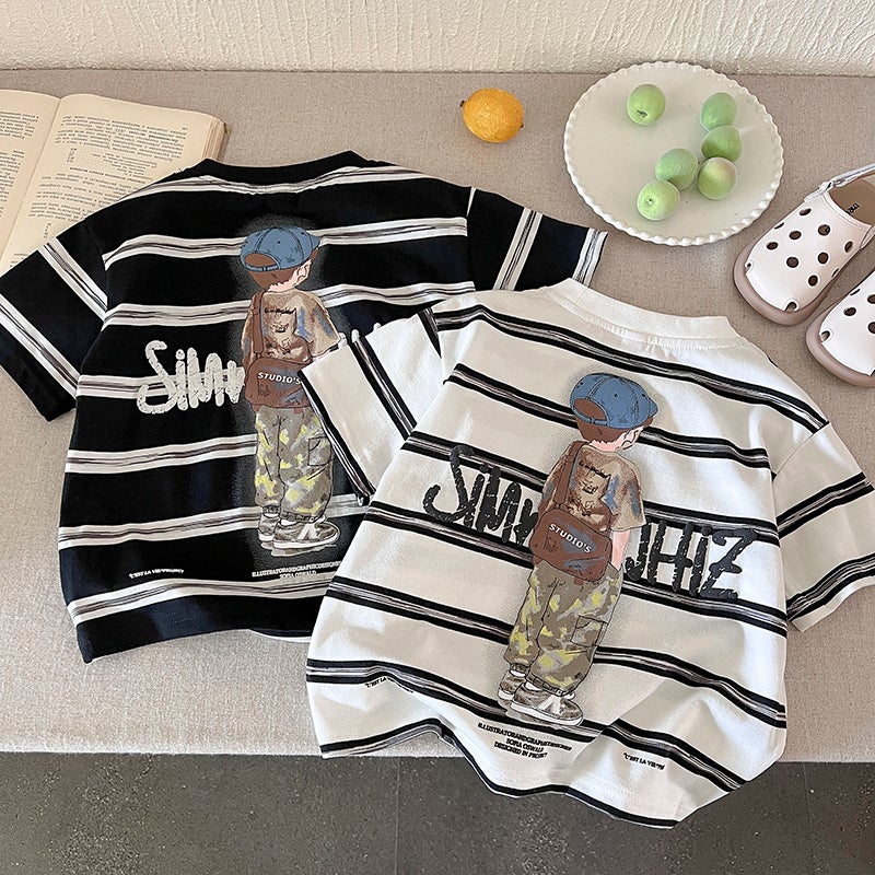 Boys Short-Sleeved T-Shirt Summer Wear Handsome Baby Stripesd Half-Sleeved T-Shirt Kidsren'S Summer Cartoon Top 3 - Image 2