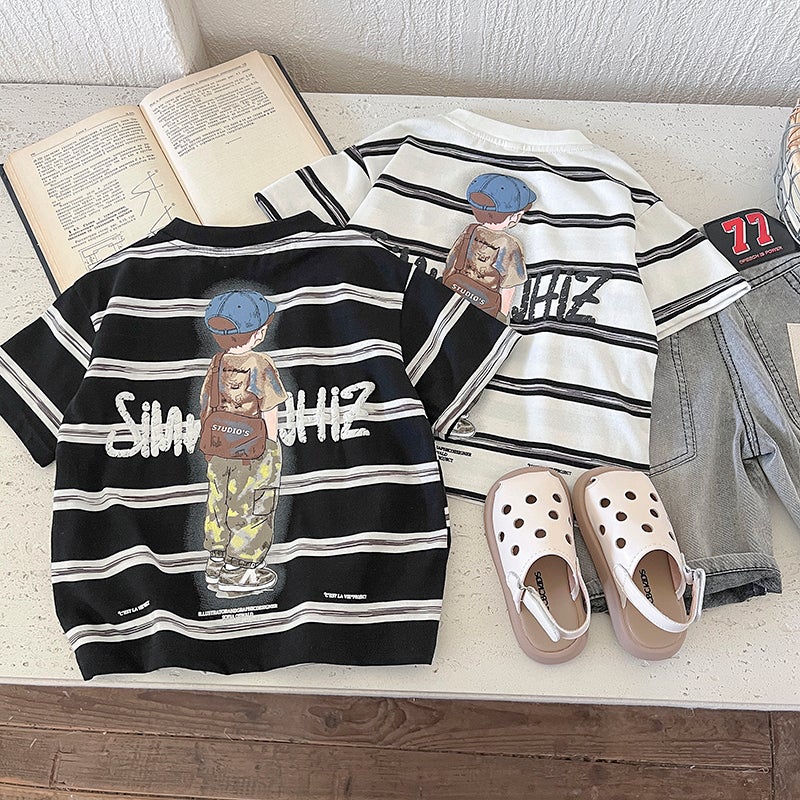 Boys Short-Sleeved T-Shirt Summer Wear Handsome Baby Stripesd Half-Sleeved T-Shirt Kidsren'S Summer Cartoon Top 3 - Image 4