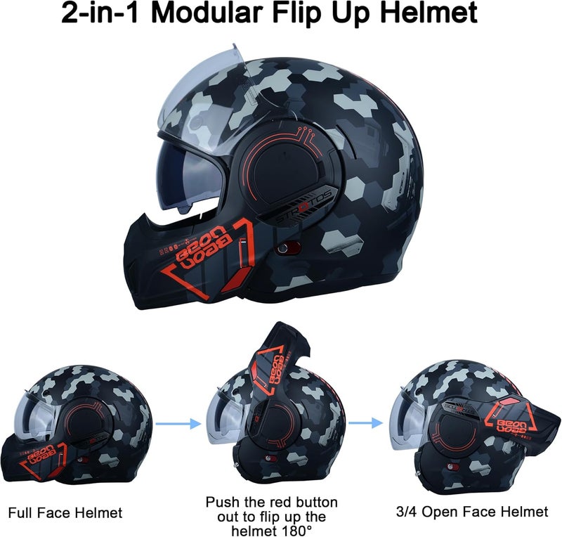 BEON خوذة دراجة نارية كاملة الوجه BEON مع واقي ذقن قابل للعكس بزاوية 180° ونظارات مزدوجة - Image 4