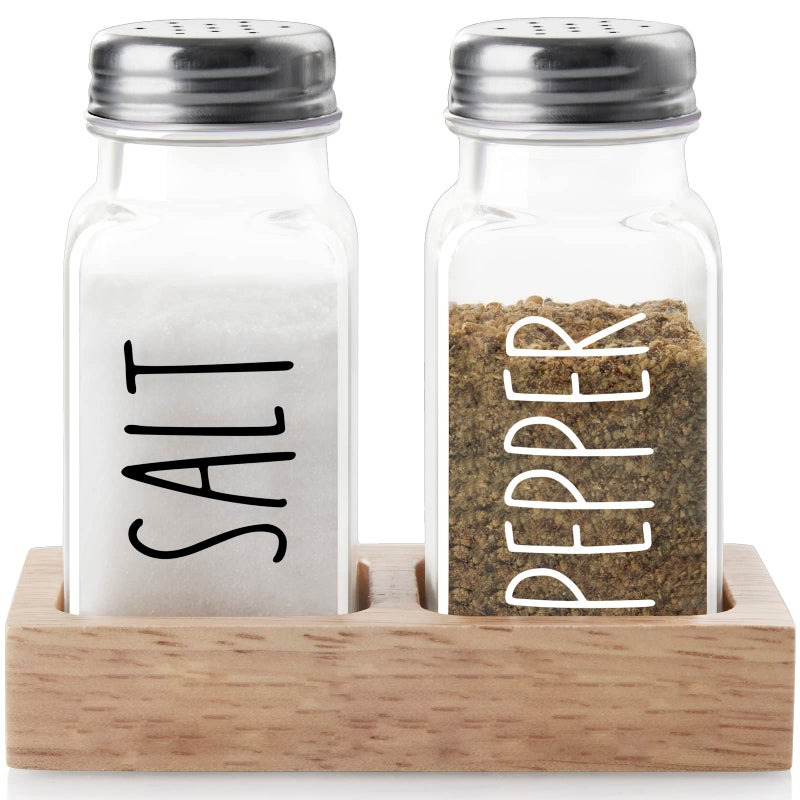 Glass Salt and Pepper Shakers with Holder  Dopeca Clear Salt and Pepper Set with Wood Caddy for Kitchen Counter or Table  Kitchen Decor and Accessories for Wedding Gifts  Easy Refilling27 oz