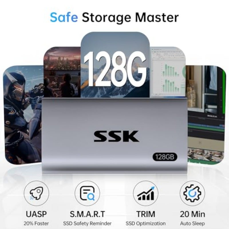 SSK 128GB Portable SSD External Hard Drive Solid State Drive up to 550MB s USB 3.2 Gen2 6Gbps External SSD USB-C cable and USB-A adapter LED Trim SMART On-The-Go OTG Compact Design - Image 4