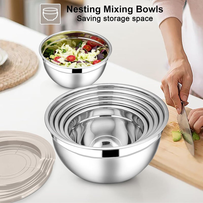 E-far Mixing Bowls with Lids Set, 7-Piece Stainless Steel Metal Mixing Bowls with Grater Attachments, Size 4.6, 3.5, 2.6, 2, 1.5, 1, 0.7QT, Nesting Design & Khaki Airtight Lids, For Cooking/Serving - Image 5