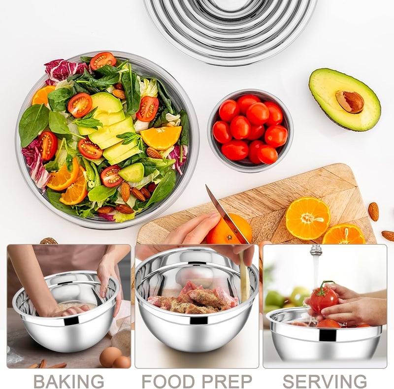 E-far Mixing Bowls with Lids Set, 7-Piece Stainless Steel Metal Mixing Bowls with Grater Attachments, Size 4.6, 3.5, 2.6, 2, 1.5, 1, 0.7QT, Nesting Design & Khaki Airtight Lids, For Cooking/Serving - Image 3