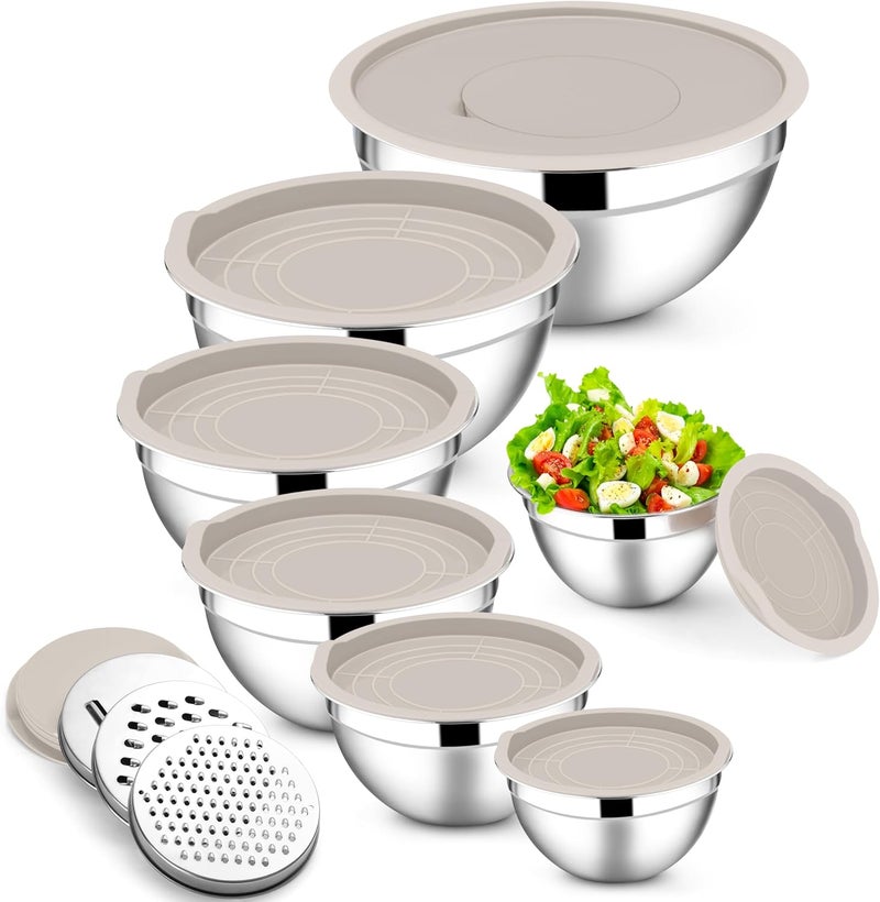 E-far Mixing Bowls with Lids Set, 7-Piece Stainless Steel Metal Mixing Bowls with Grater Attachments, Size 4.6, 3.5, 2.6, 2, 1.5, 1, 0.7QT, Nesting Design & Khaki Airtight Lids, For Cooking/Serving - Image 1