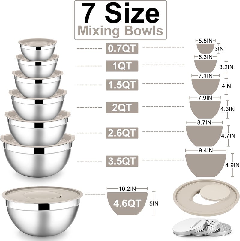E-far Mixing Bowls with Lids Set, 7-Piece Stainless Steel Metal Mixing Bowls with Grater Attachments, Size 4.6, 3.5, 2.6, 2, 1.5, 1, 0.7QT, Nesting Design & Khaki Airtight Lids, For Cooking/Serving - Image 2