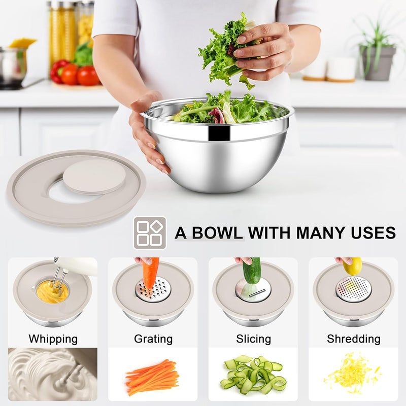 E-far Mixing Bowls with Lids Set, 7-Piece Stainless Steel Metal Mixing Bowls with Grater Attachments, Size 4.6, 3.5, 2.6, 2, 1.5, 1, 0.7QT, Nesting Design & Khaki Airtight Lids, For Cooking/Serving - Image 4