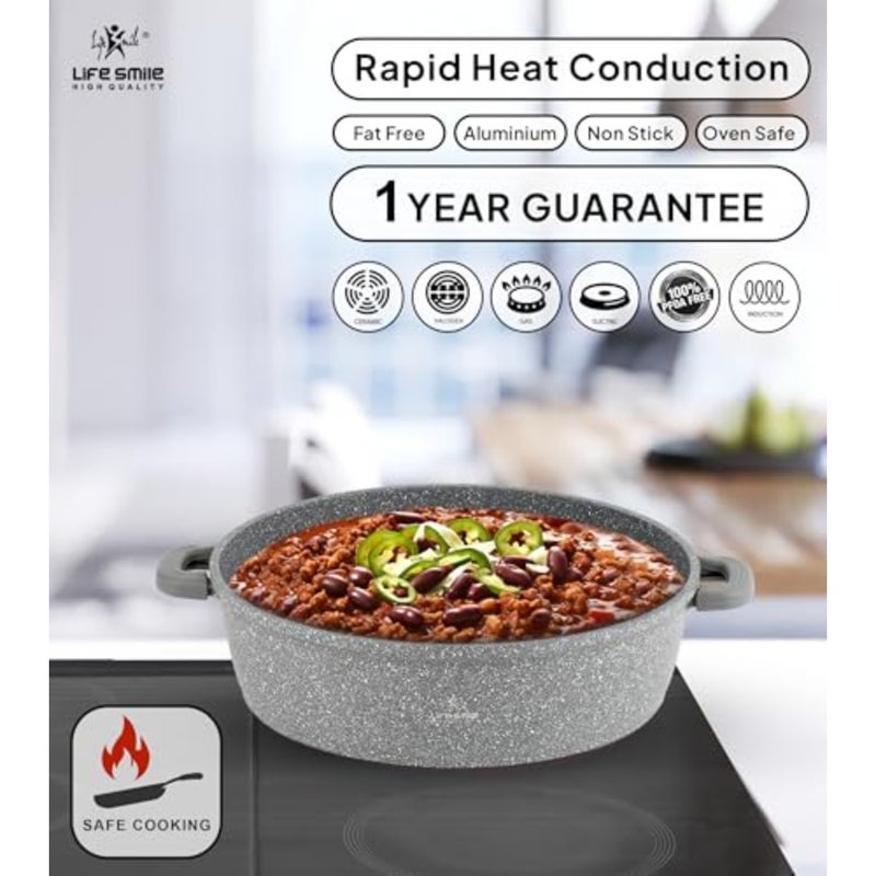 Shallow Pot - Multi Layer Non Stick Granite Coating 100% PFOA Free - Glass Lid With Silicone Rim - Detachable Silicone Handles - Oven Safe Frying Pan Grey, 28CM (3.9 Liters ) - Image 4