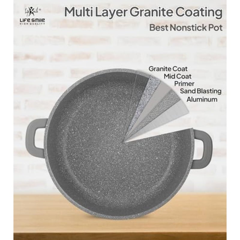 Shallow Pot - Multi Layer Non Stick Granite Coating 100% PFOA Free - Glass Lid With Silicone Rim - Detachable Silicone Handles - Oven Safe Frying Pan Grey, 28CM (3.9 Liters ) - Image 3