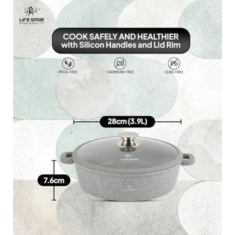 Shallow Pot - Multi Layer Non Stick Granite Coating 100% PFOA Free - Glass Lid With Silicone Rim - Detachable Silicone Handles - Oven Safe Frying Pan Grey, 28CM (3.9 Liters ) - Image 2