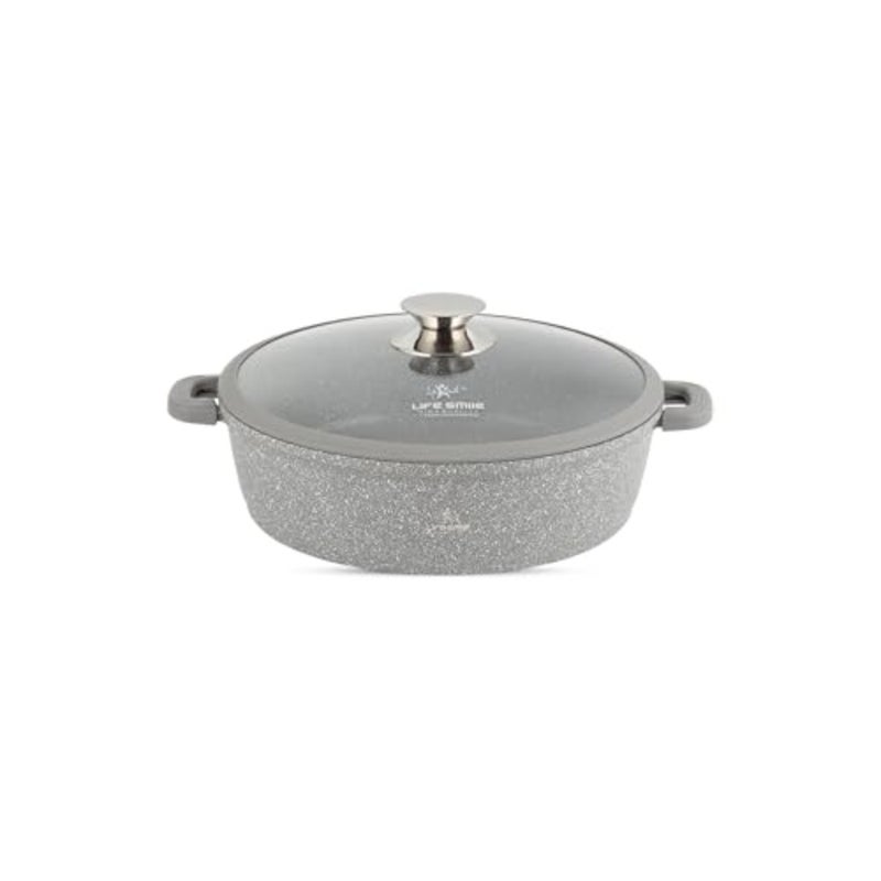 Shallow Pot - Multi Layer Non Stick Granite Coating 100% PFOA Free - Glass Lid With Silicone Rim - Detachable Silicone Handles - Oven Safe Frying Pan Grey, 28CM (3.9 Liters ) - Image 1