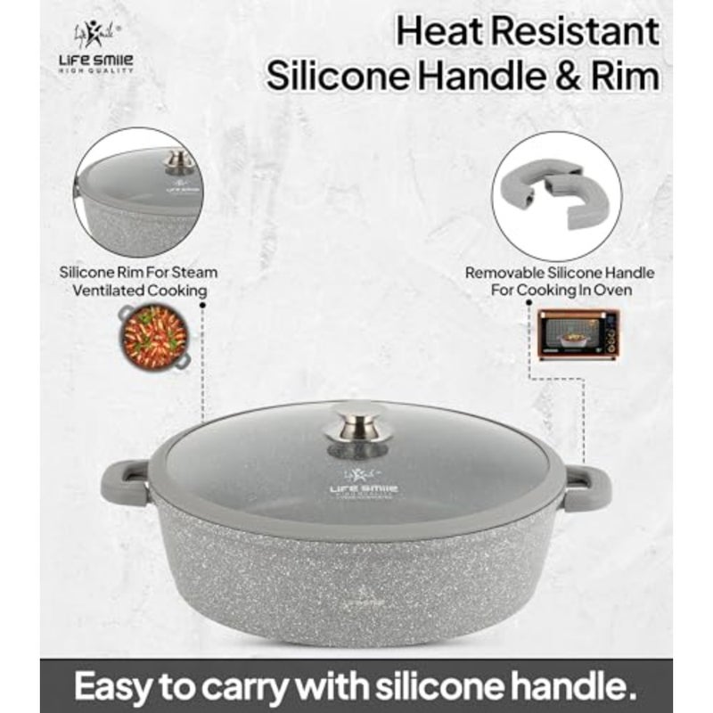 Shallow Pot - Multi Layer Non Stick Granite Coating 100% PFOA Free - Glass Lid With Silicone Rim - Detachable Silicone Handles - Oven Safe Frying Pan Grey, 28CM (3.9 Liters ) - Image 5