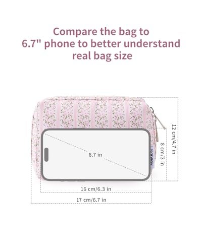 Narwey Small Cute Floral Makeup Bag for Purse Mini Cosmetic Bag Travel Makeup Pouch Zipper Pouch Cute Make up Bags with Compartments for Women Girls (Pink Flower Buds, Small) - Image 4