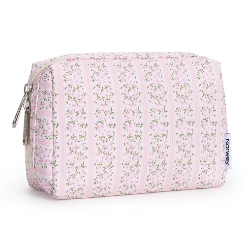 Narwey Small Cute Floral Makeup Bag for Purse Mini Cosmetic Bag Travel Makeup Pouch Zipper Pouch Cute Make up Bags with Compartments for Women Girls (Pink Flower Buds, Small) - Image 1