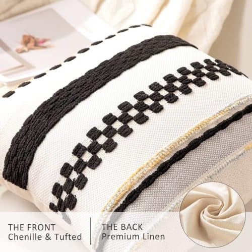 WANLIRD Boho Throw Pillow Covers 18x18 Set of 2 Farmhouse Decorative Cushion Case Striped Square Pillows Cover Chenille Pillow Cases Accent Neutral Pillowcase for Sofa Couch Bed,Black - Image 2
