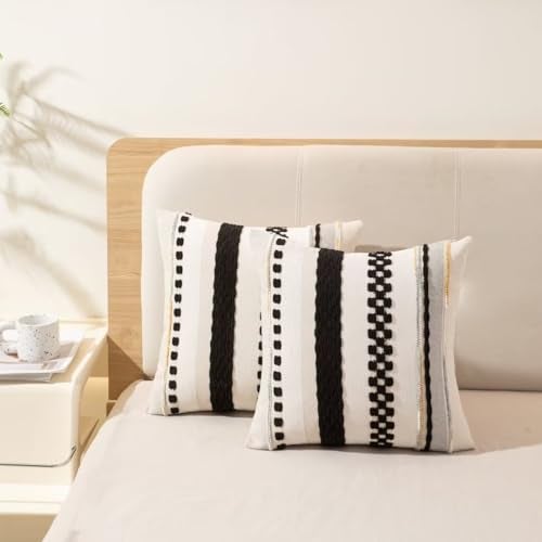 WANLIRD Boho Throw Pillow Covers 18x18 Set of 2 Farmhouse Decorative Cushion Case Striped Square Pillows Cover Chenille Pillow Cases Accent Neutral Pillowcase for Sofa Couch Bed,Black - Image 5