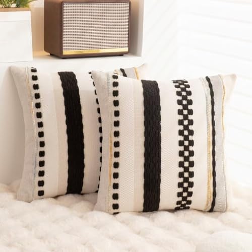 WANLIRD Boho Throw Pillow Covers 18x18 Set of 2 Farmhouse Decorative Cushion Case Striped Square Pillows Cover Chenille Pillow Cases Accent Neutral Pillowcase for Sofa Couch Bed,Black - Image 4