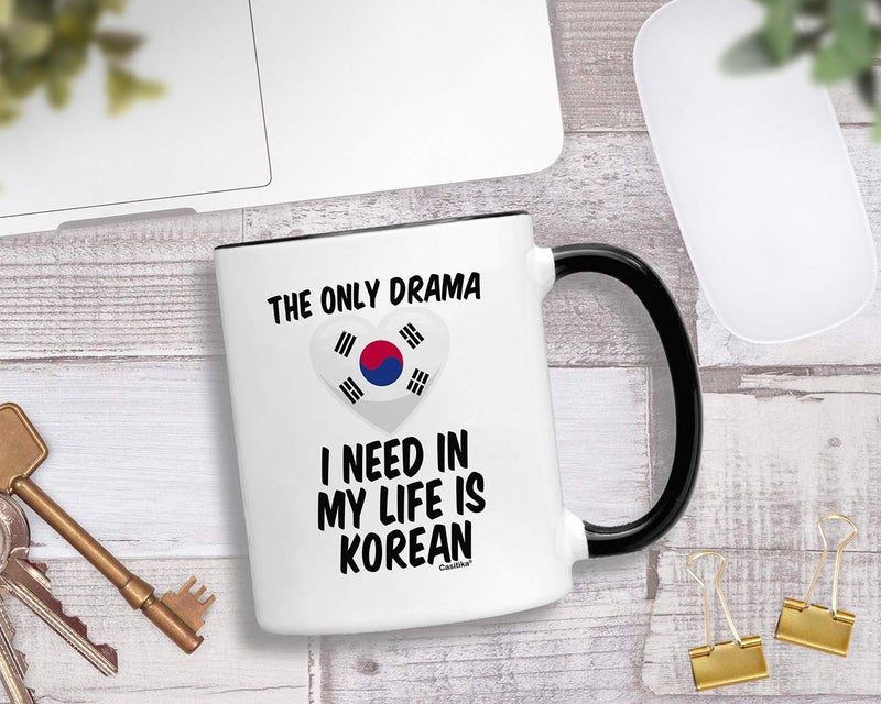 Casitika Kdrama Mugs. 11 oz Korean Coffee Mug. The Only Drama I Need In My Life Is Korean. (11 oz Black Handle/Rim) - Image 2