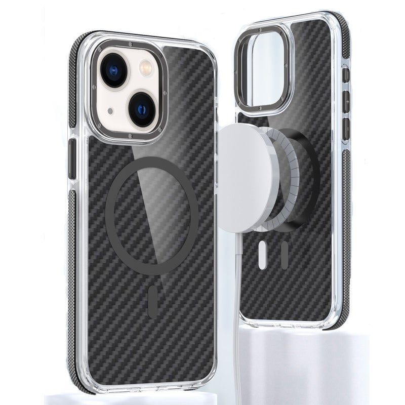 HuHa Protective Cover For iPhone 14 Plus Magsafe Dual-Color Carbon Fiber Phone Case(Black) - Image 1