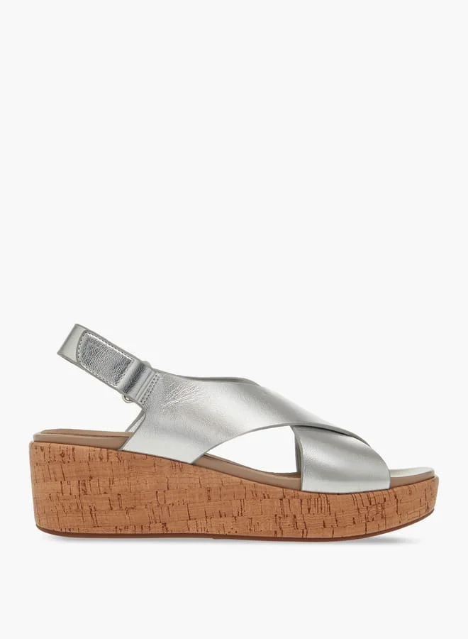 Women's Foil Textured Cross-Strap Platform Sandals with Hook and Loop Closure