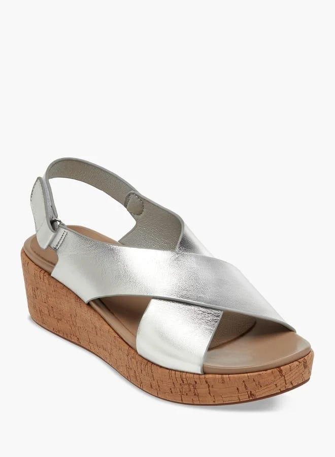 Women's Foil Textured Cross-Strap Platform Sandals with Hook and Loop Closure