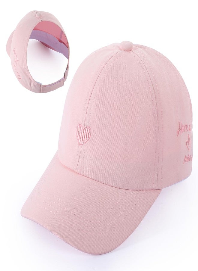 LUCKYBUNNY Girls Backless Baseball Cap Ponytail Hat, Love Heart Embroidered Baseball Hat Natural Curly Hair Caps for 3-8 Years - Image 1