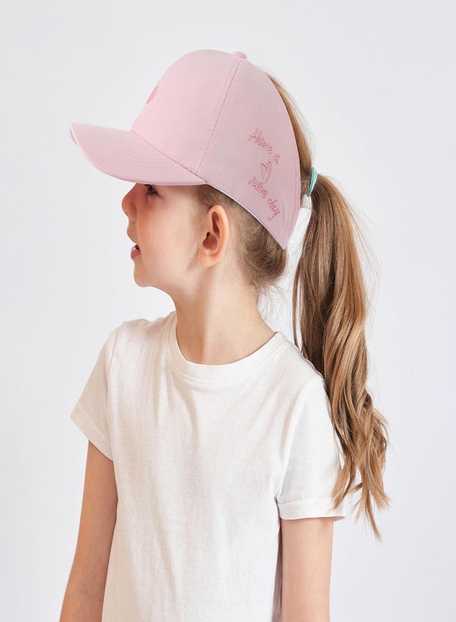 LUCKYBUNNY Girls Backless Baseball Cap Ponytail Hat, Love Heart Embroidered Baseball Hat Natural Curly Hair Caps for 3-8 Years - Image 3