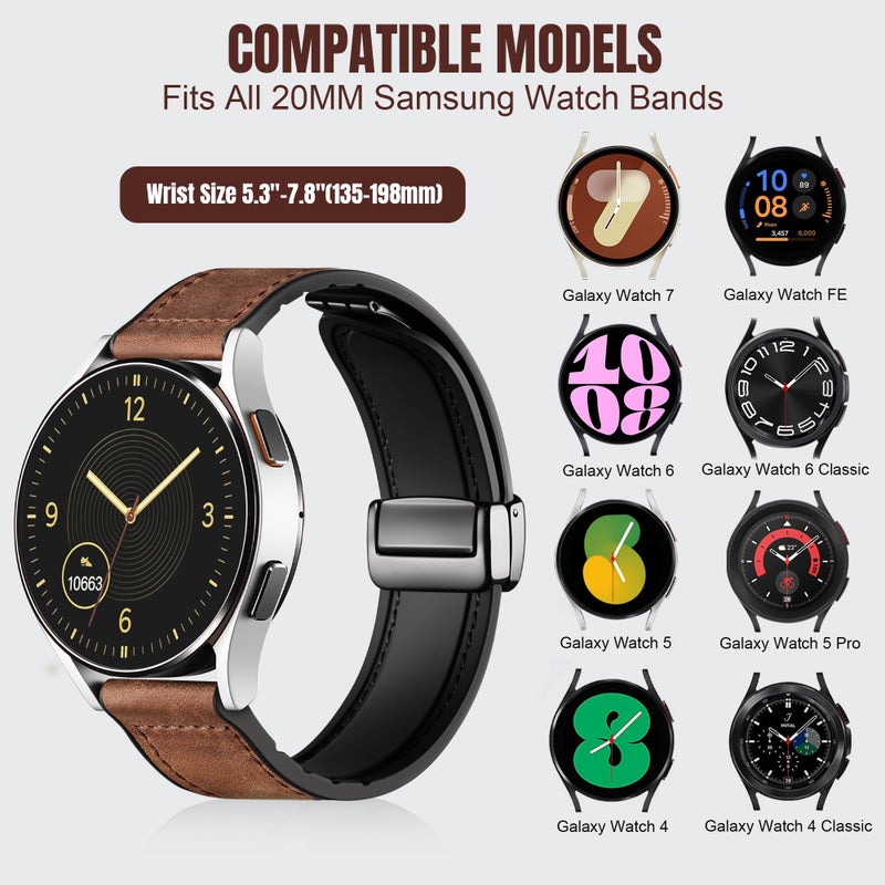 Charlam Magnetic Leather Bands Compatible with Samsung Galaxy Watch 7 Band 6 5 4 FE Active 2 40mm 44mm/Watch 6/4 Classic/Watch 5 Pro/3, 20mm Genuine Leather Straps for Samsung Watch Bands Men Women - Image 5