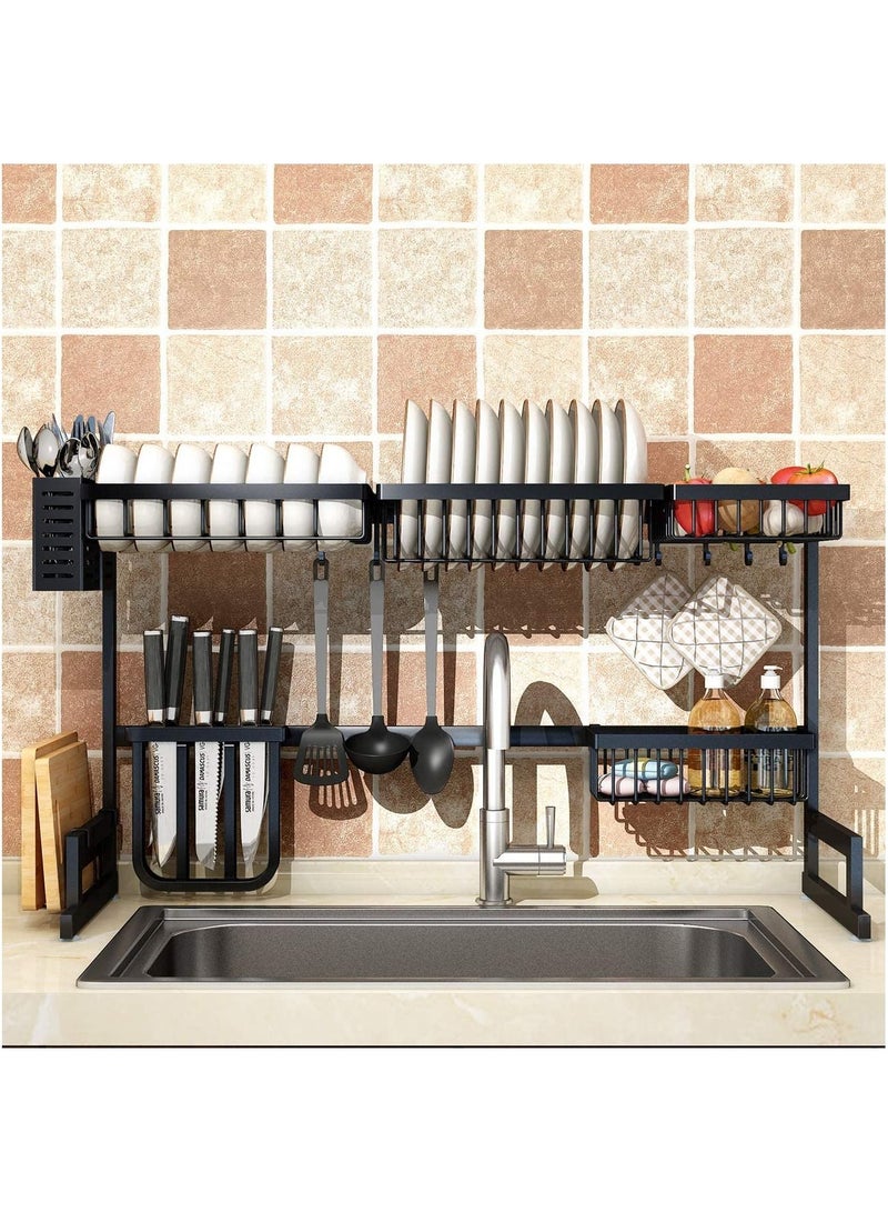 Kitchen Stainless Steel Dish Rack Over Sink Expanding Organizer Storage Draining Drying Plate Rack Knife Fork Container - Image 1