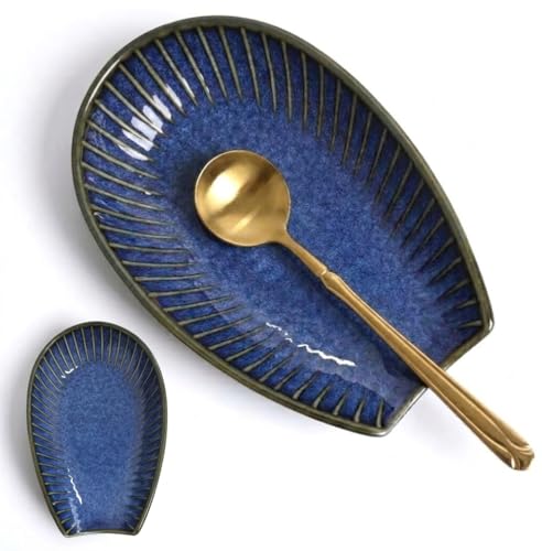 Hoilse Ceramic Spoon Rest for Stove Top, Spoon Holder for Kitchen Counter, Lead-Free Utensil Rest for Cooking Spoons, Ladles & Spatulas, Dishwasher Safe Farmhouse Kitchen Decor- VintageBlue - Image 1