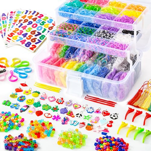 INSCRAFT 17500+ Rubber Loom Bands with 3 Layer Transparent Container, 28 Colors, 600 S-Clips, 352 Beads, 40 Cartoon Pendant, Bracelet Making Refill Kit for Kids - Image 1