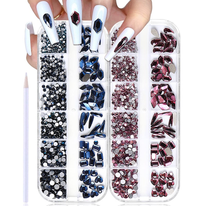 WOKOTO 2 Box Flat Back Navy Blue And Claret Red Nail Rhinestones And Nail Crystals With Rhinetosne Picker Pencil Big Red Nail Rhinestones For Nails Crafts Nail Gemstones Flatback Crystals For Nails